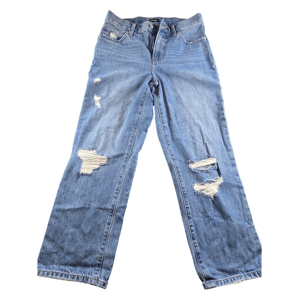 Express Straight Ankle High Rise Distressed Jeans Medium Wash Blue 8R